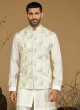 Cream Nehru Jacket Set In Silk With Thread Embroidery